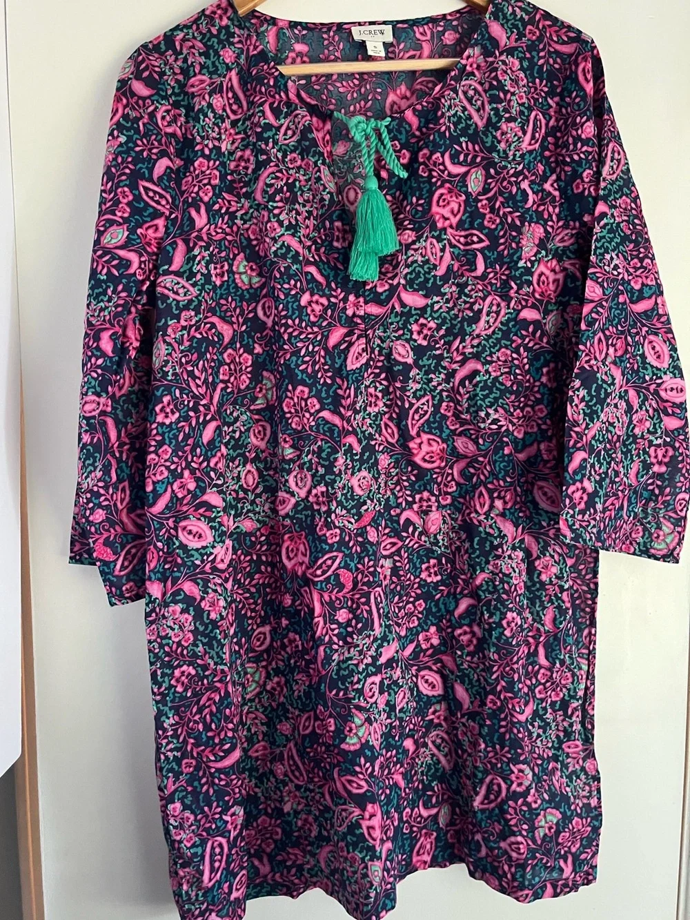 J.Crew Printed Beach Tunic Swim Cover Up Pink Navy Floral Boho Paisley Tassel S